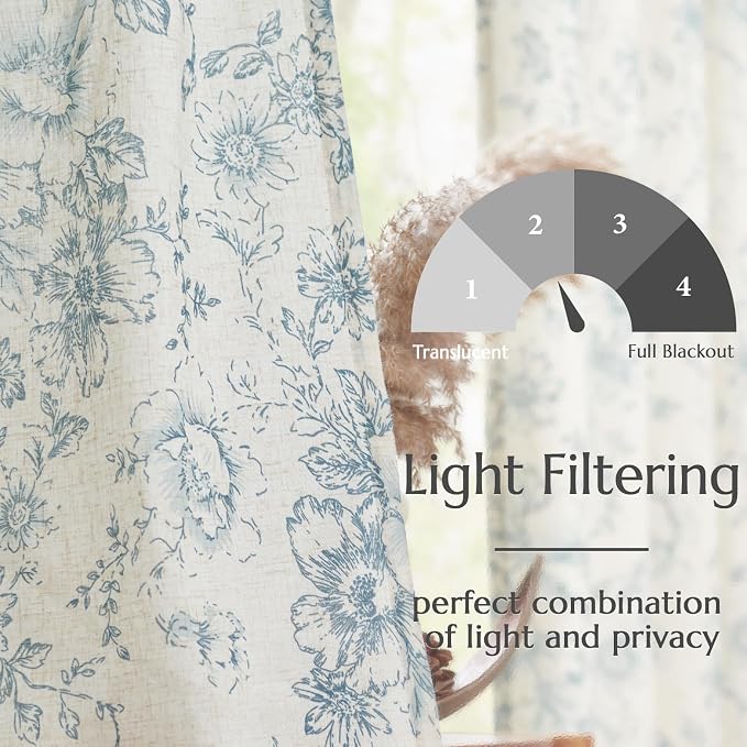 jinchan Blue Floral Linen Curtains 96 Inch Vintage Back Tab 2 Panels | Light - Image 3
