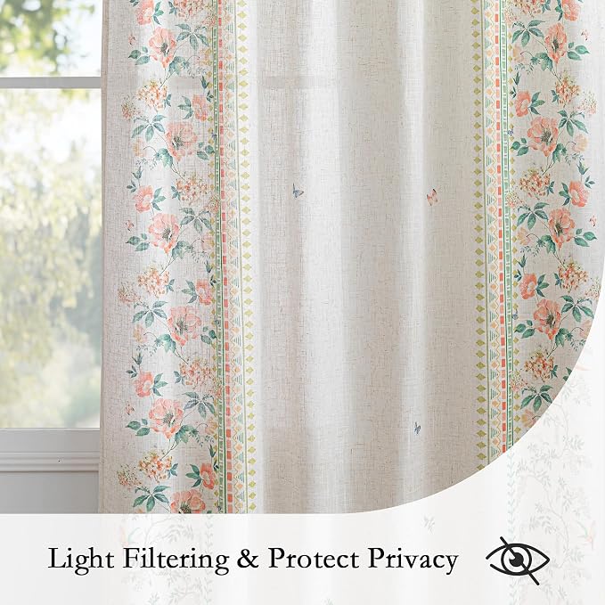 MYSKY HOME Boho Floral Curtains Semi Sheer Linen Blend Curtain 84 Inches Long - Image 2