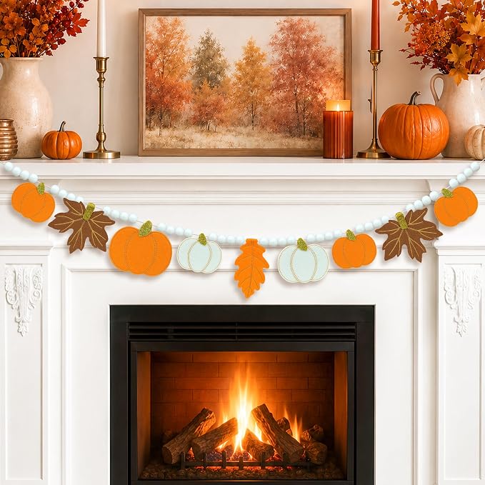 Fall Decorations, Fall Felt Maple Leaves & Pumpkin Garland by Lairyan