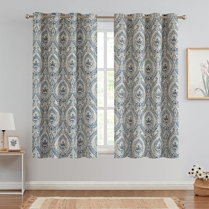 Navy Paisley Linen Textured Curtains 63 in Vintage Grommet 2 Panels | Room - Image 2