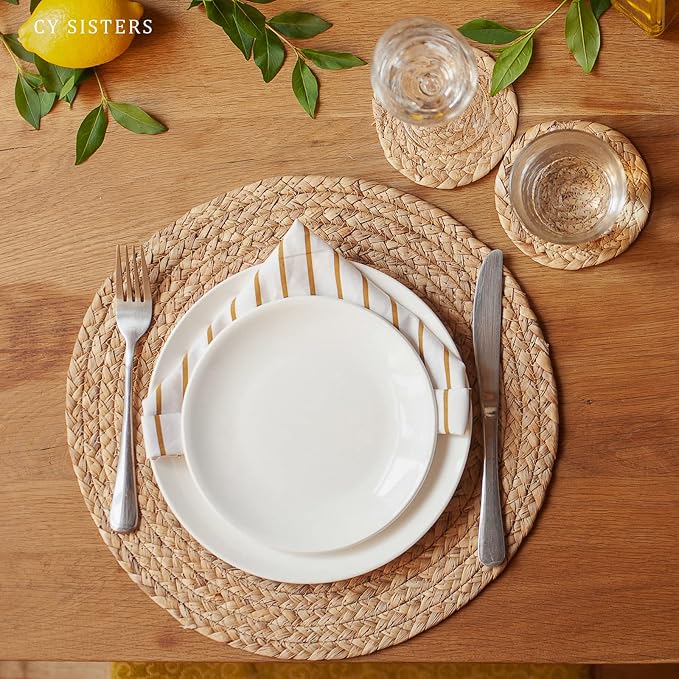 Round Placemats Set of 8 with 8 Coasters Natural Water Hyacinth Woven Placemats - Image 7