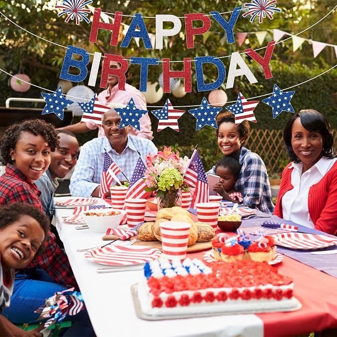 Happy Birthday Banner Patriotic Red White Blue Decorations, Glitter Happy - Image 7