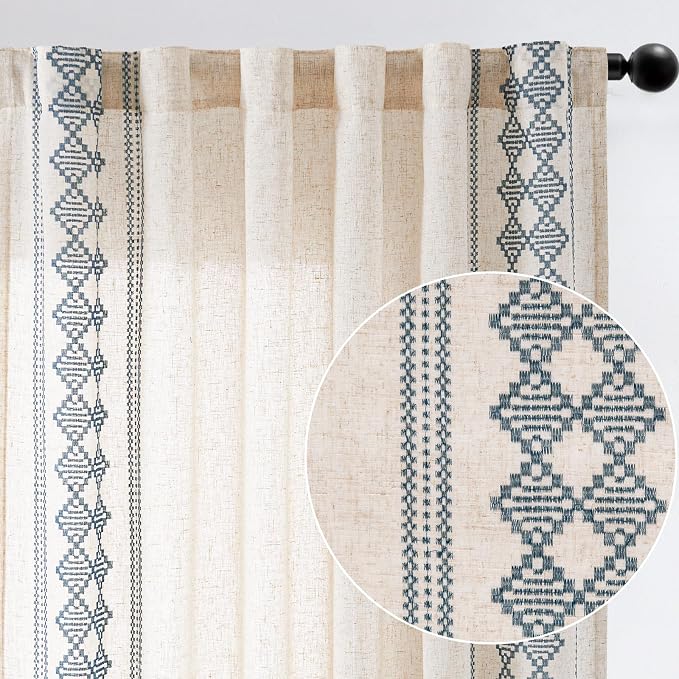 jinchan Floral Linen Curtains Embroidered Back Tab 50x63in 2 Panels Blue | - Image 9