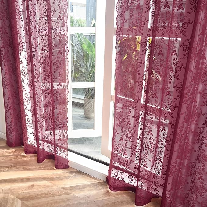 FINECITY Burgundy Floral Lace Curtains - Image 6