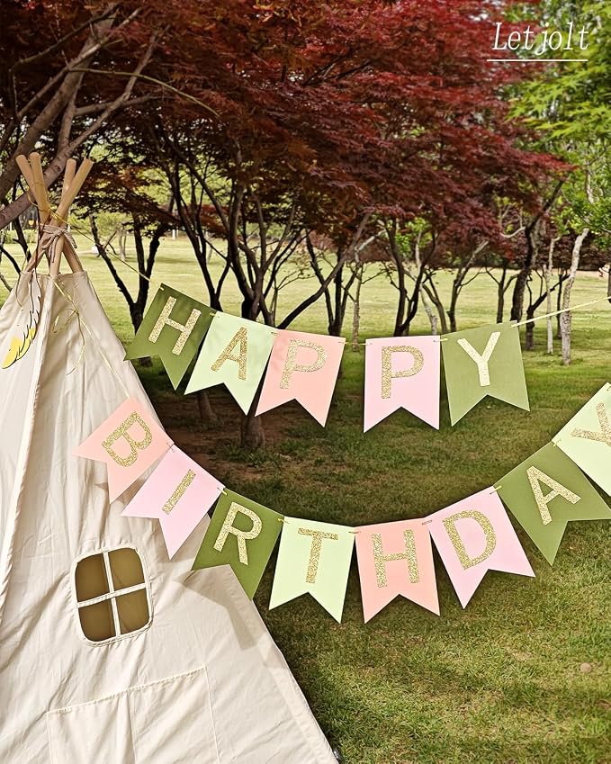 Letjolt Green Pink Happy Birthday Banner Handmade Girls Party 13pcs | Birthday - Image 6