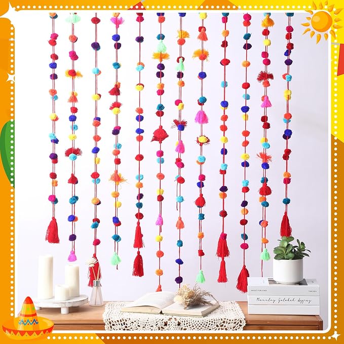 VitalCozy 12 Pcs Mexican Pom Pom Garland Colorful 59 Feet Fiesta Alter Yarn - Image 6