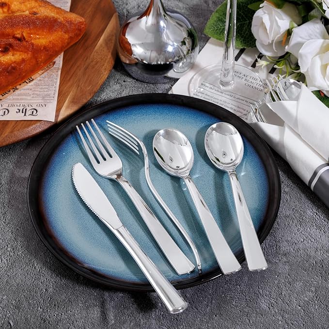 50Guests Pre Rolled Silver Plastic Silverware Sets - Heavy Duty Silver Cutlery - Include 50 Pack Wrapped Disposable Utensils with Napkins for Parties & Dinners & Weddings
