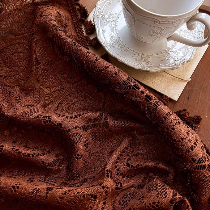 YJ YANJUN Boho Lace Curtains, 59x54 inch, Camrel Brown Sheer Window Panels | - Image 4