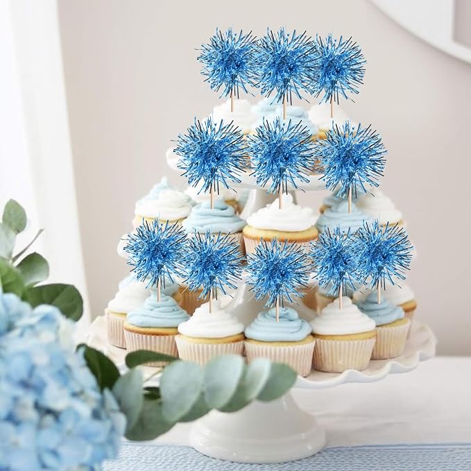 40 PCS Foil Firework Cupcake Toppers Light Blue Sparkler Cupcake Picks Sparkle - Image 7