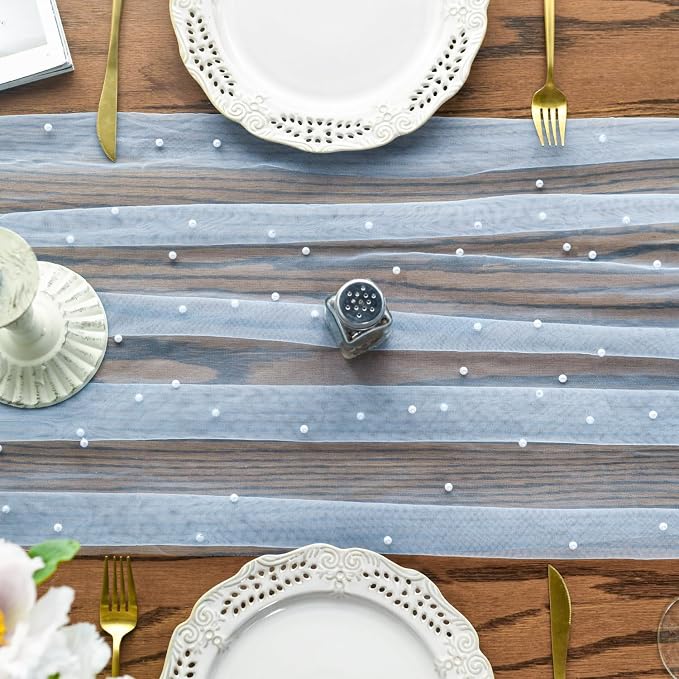 Artoid Mode 10PCS Pearl Blue Gauze Table Runner 120 Inch 10FT, Seasonal Sheer - Image 3