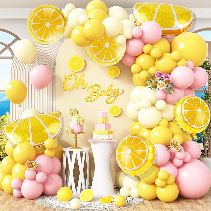 162Pcs Pastel Yellow Light Pink Lemon Balloon Arch Kit, Lemon Foil Balloons by HCYIRPTBL