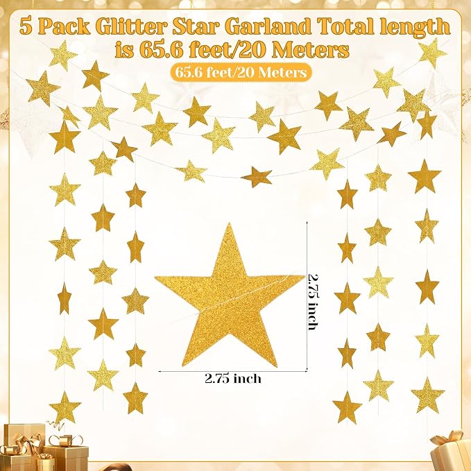 Spakon 65 Feet Glitter Star Paper Garland Banner Hanging Decoration Star - Image 2