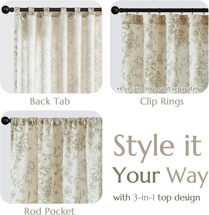 jinchan Green Floral Linen Curtains 96 Inch Farmhouse Back Tab 2 Panels | Light - Image 7
