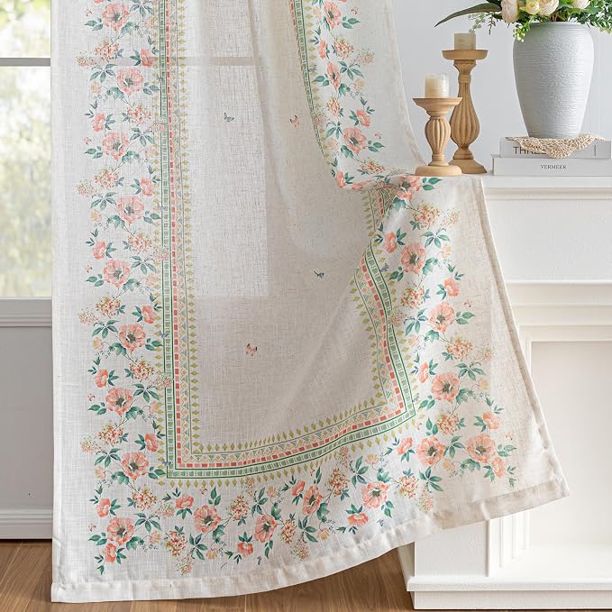 MYSKY HOME Boho Floral Curtains Semi Sheer Linen Blend Curtain 84 Inches Long - Image 5