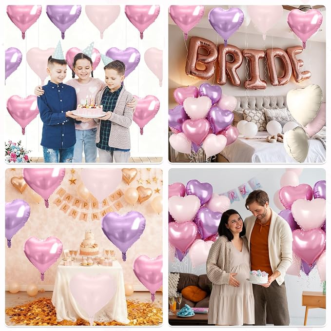 Pink Purple Heart Balloons, 18 Inch Pastel Foil Balloons - Image 6