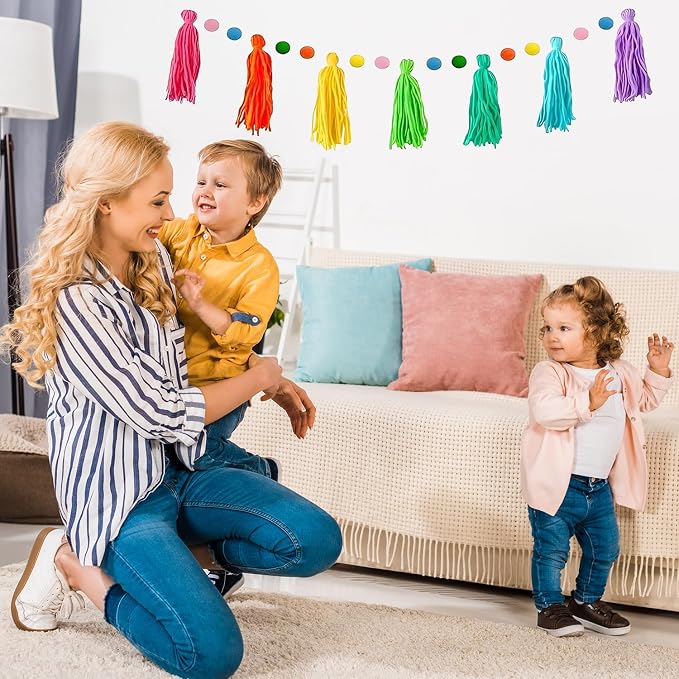 3Pcs Boho Tassel Garland 130cm/51in Long 12 Balls | Rainbow Felt Ball & Pom Pom - Image 3