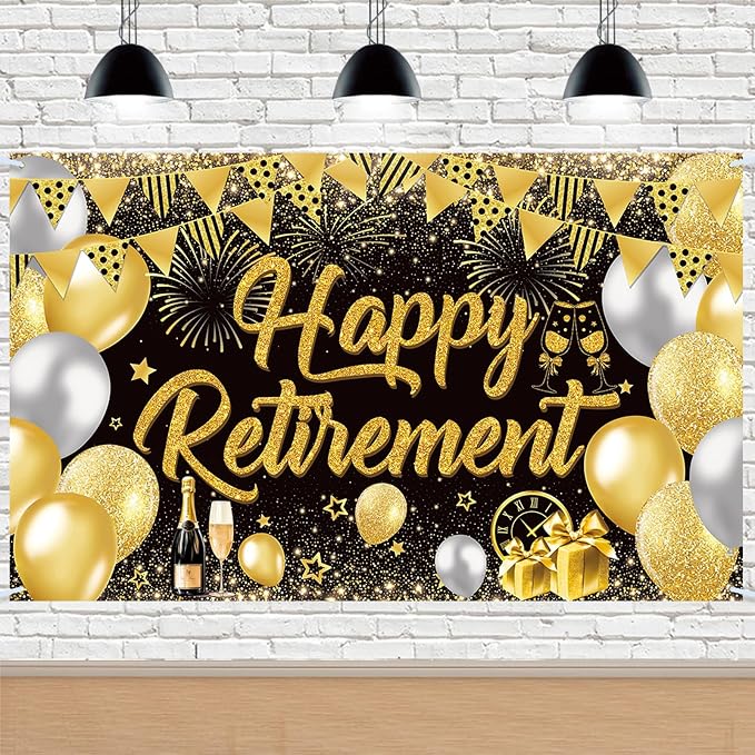 Black Gold Happy Retirement Banner Backdrop Photography Background Hanging by SMENGGIL