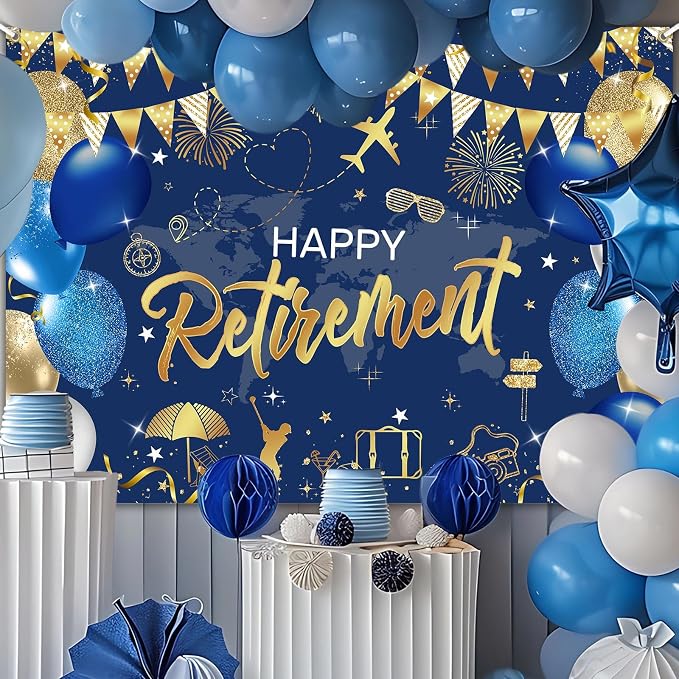 Mocsicka Retirement Party Decorations Blue and Gold Happy Retirement Backdrop - Image 2