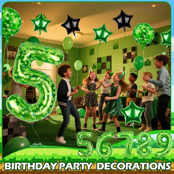 40 Inch Green Pixel Themed Number 5 Balloon Set Foil Balloon - Image 4