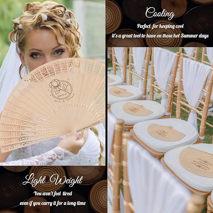 100 PCS Custom Fans Personalized Folding Fans for Line Dancing Wooden Hand Fan Wedding Favors Bulk Fans for Guests Party Event Use (Style10)