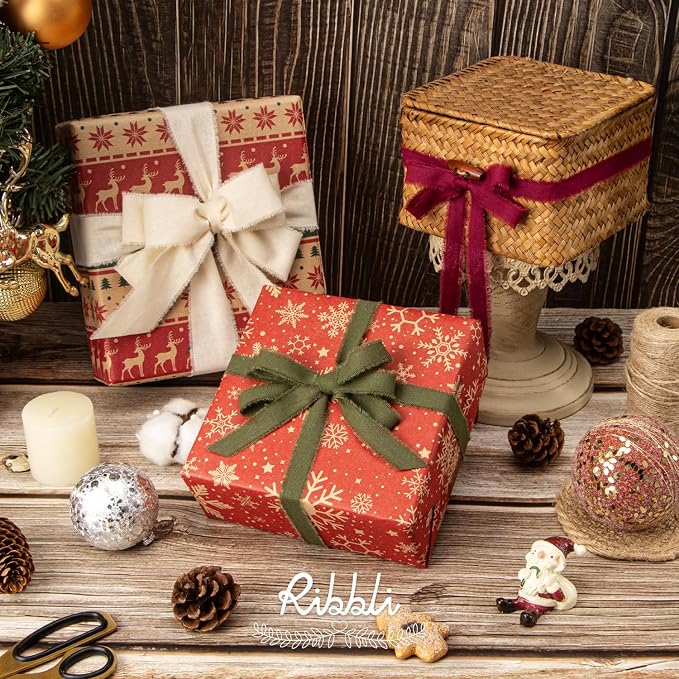Ribbli 3 Rolls Christmas Ribbon 1.5 Inch x 18 Yards Ivory Burgundy Moss - Image 4
