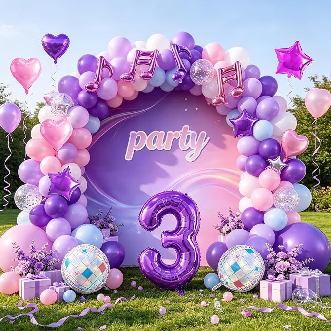 TONIFUL Girl‘s Purple Pink Music Themed 3rd Birthday Decorations | 40 Inch - Image 3
