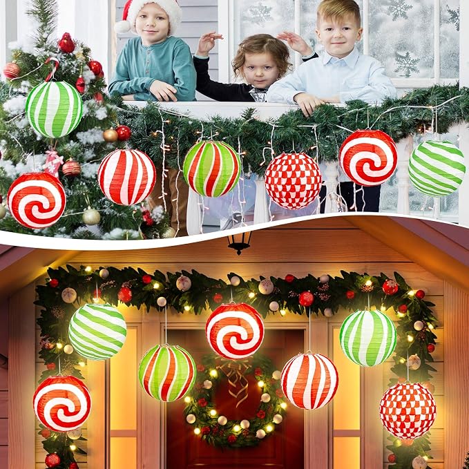 Panelee 12 Pcs Christmas Peppermint Paper Lanterns 8 Inch Red Green White Candy - Image 6