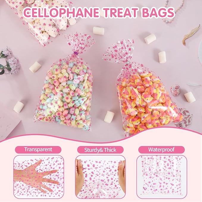 COQOFA 100 Pcs Pink Star 7"X12" Gift Wrap Cello Cellophane Treat Bags Party - Image 3
