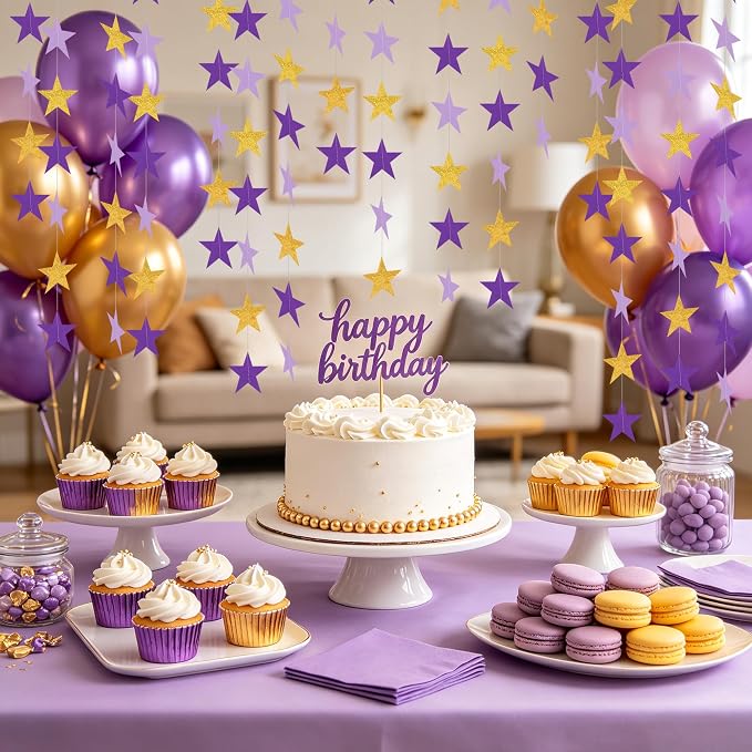 BEISHIDA 6Pcs Purple Gold Paper Star Garland Decor Twinkle Star Banner Backdrop - Image 6