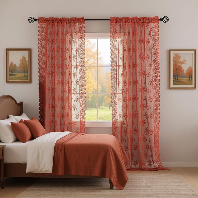Kotile Rust Orange Lace Curtains, Vintage Rustic Floral 52x84 Inch 2 Panels | - Image 6
