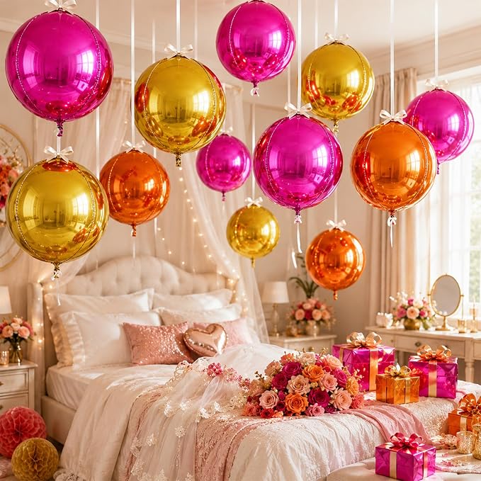 9 Pcs Pink Orange Gold Round Foil Balloons 22 In Metallic Hot Pink Gold Orange - Image 6