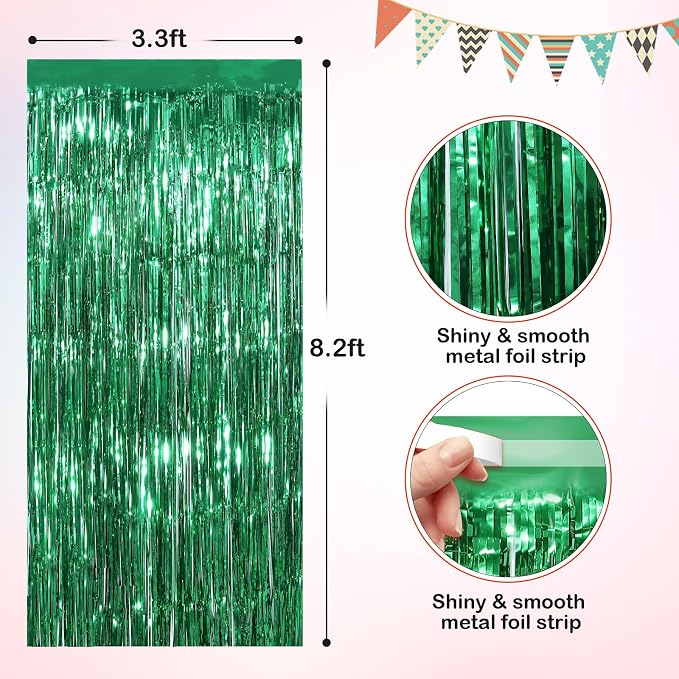 Green Metallic Tinsel Foil Fringe Curtains, 4 Pack 3.3x8.3 Feet Party Streamer - Image 2