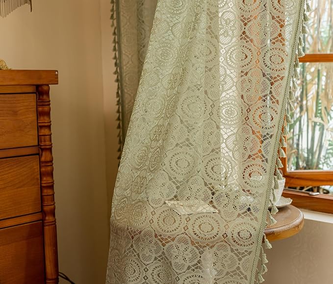 YJ YANJUN Boho Lace Curtains, Sage Green Sheer Window Panels | Geometric - Image 3
