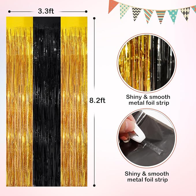 Black Gold Metallic Tinsel Foil Fringe Curtains, 4 Pack 3.3x8.3 Feet Party - Image 2