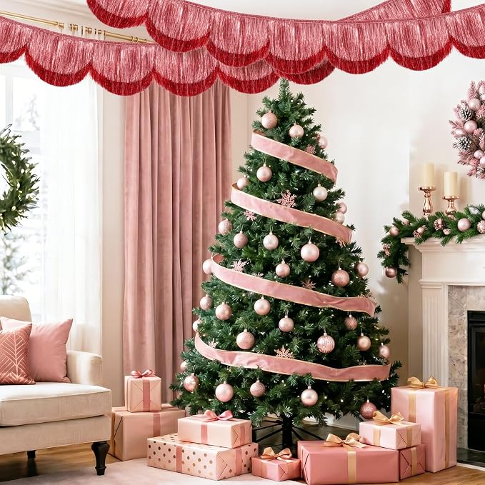 2pcs 6.6ft Flash Pink Fringe Garland Scalloped Tassel Banner 8 Waves Sparkle - Image 5