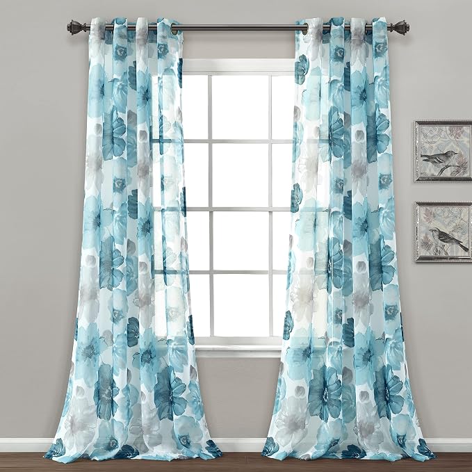 Lush Decor Leah Floral Sheer Window Curtain Panels Pair 52"W x 84"L Blue by LushDecor
