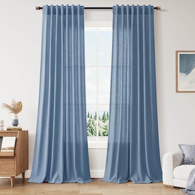 Linen Stone Blue Curtains 108 inch Living Room Back Tab Light Filtering Semi by Nanspring