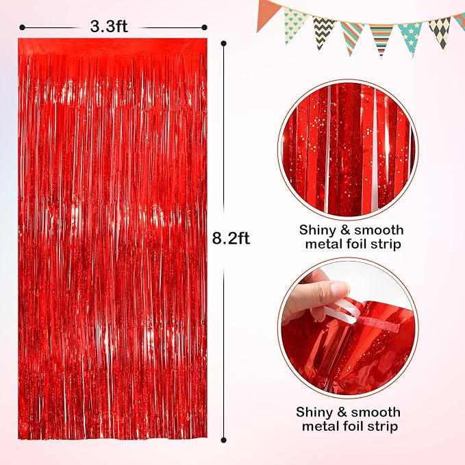 Red Metallic Tinsel Foil Fringe Curtains, 2 Pack 3.3x8.3 Feet Party Streamer - Image 2