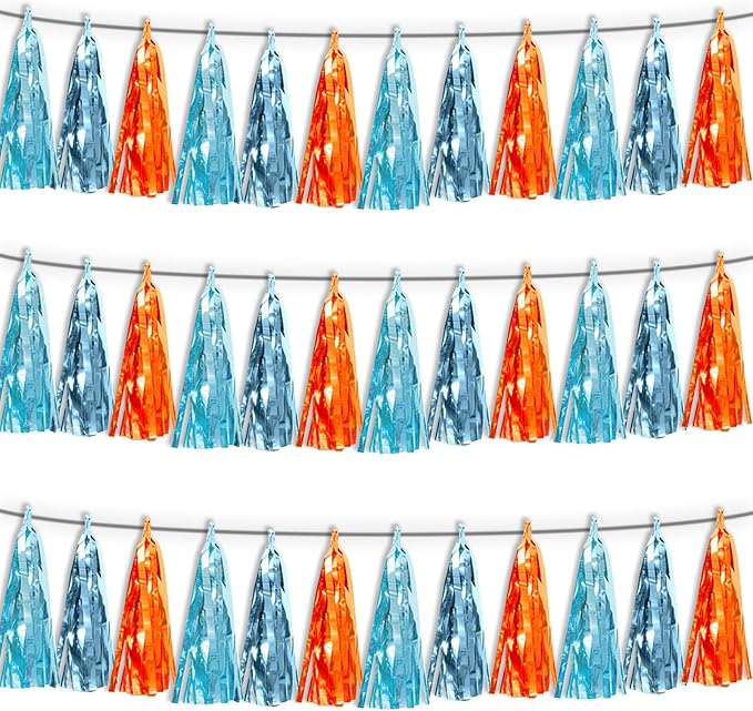 3P Lake Blue Light Blue-Orange Tassel Banner Garland Metallic Foil Fringe by FENGNIAN