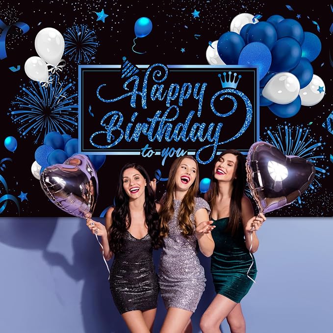 Blulu Happy Birthday Backdrop Banner Sign Poster Large Fabric Glitter Balloon - Image 3