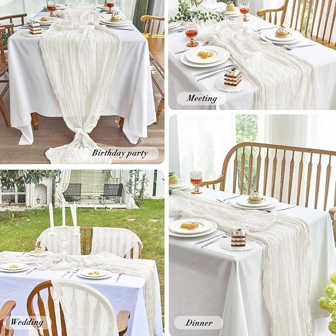 IVAPUPU 2 Pcs Cheesecloth Table Runner - 10ft Ivory White Summer Boho Gauze - Image 6