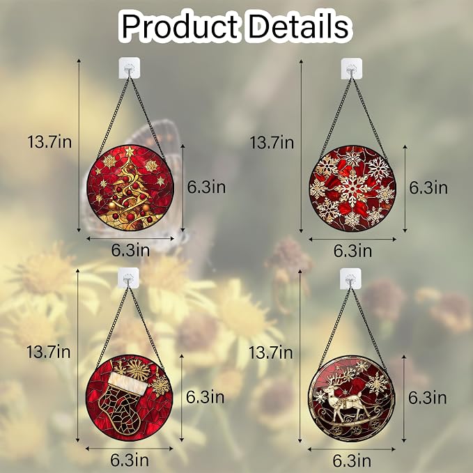 DASTOLL Stained Glass Window Hanging 4 Pcs Set Red Christmas Elk Snowflakes 6.3" - Image 6