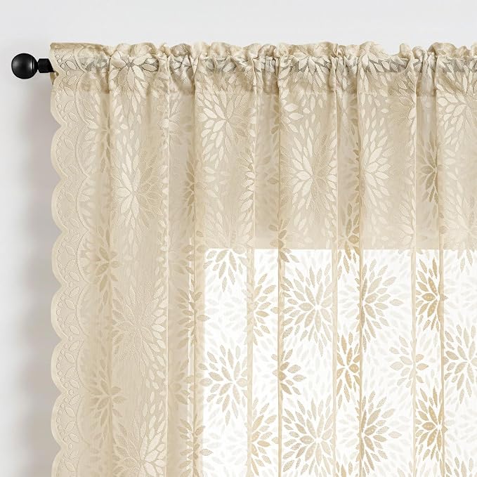 MIULEE Vintage Floral Scalloped Lace Curtains 2 Panels, Cream 52" W x 36" L | - Image 6