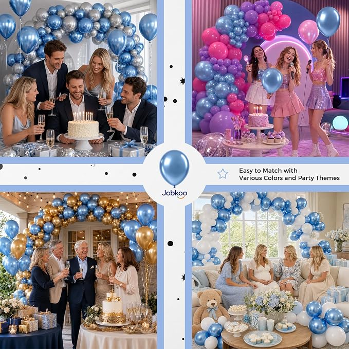 Jobkoo Metallic Blue Balloons, 12 Inch Chrome Light Baby Blue Latex Balloon | - Image 7