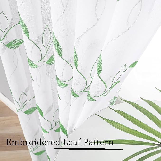 Tollpiz Green Leaf Sheer Curtain Bedroom 54 x 95 Inches | Leaves Embroidered - Image 3