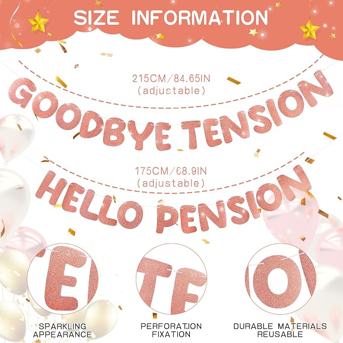 Retirement Banner Pre-Strung GOODBYE TENSION HELLO PENSION Banner Glitter - Image 2