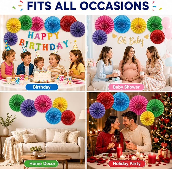 6-Pack Colorful Paper Fans, Hanging Party Decorations | Round Pattern Rosettes - Image 3