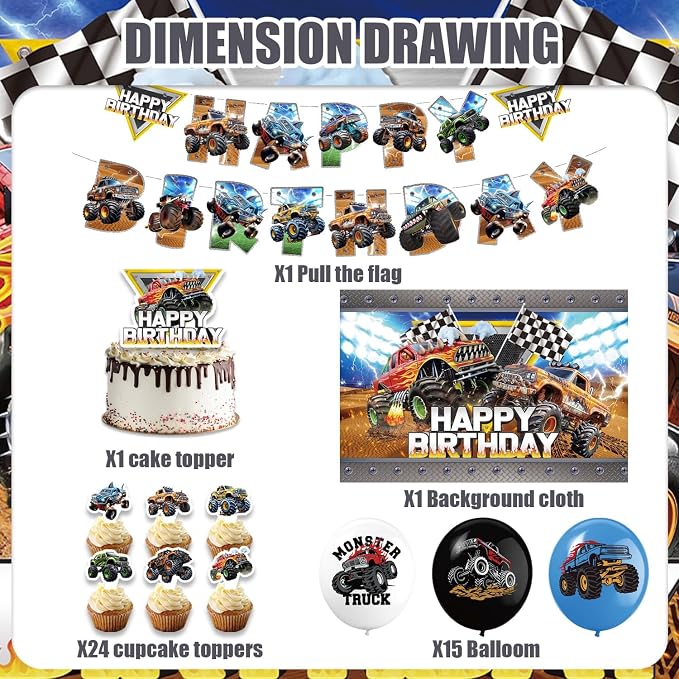 42Pack Monster truck Party decoration pack include Banner, Honeycomb - Image 2