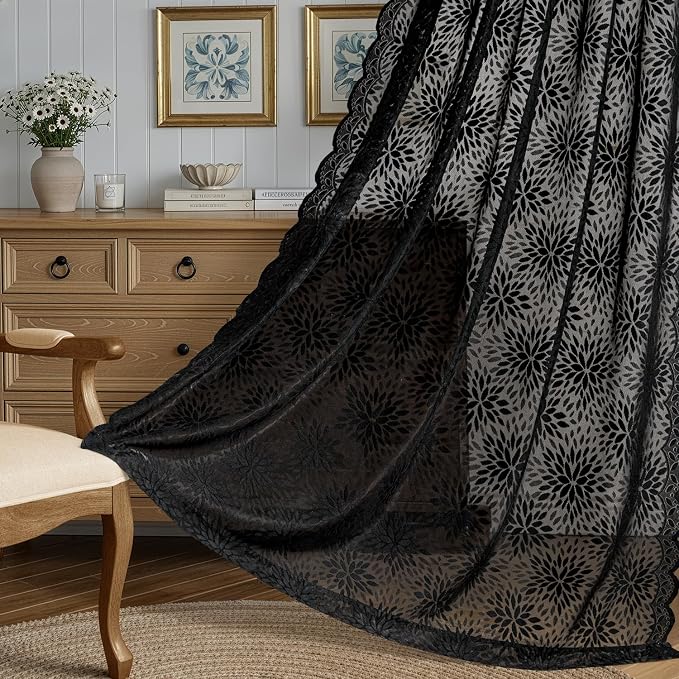 MIULEE Black Lace Curtains 96 inches Long, Victorian Floral Semi Sheer Curtains - Image 3