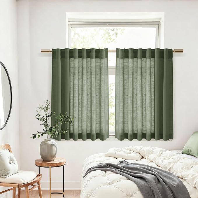 Olive Green Linen Curtains 30 Inch Length Short Kitchen, Semi Sheer Boho Cafe - Image 6